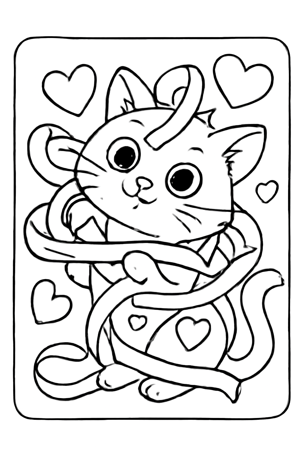Free printable cat tangled in Valentine ribbon with hearts coloring page for kids