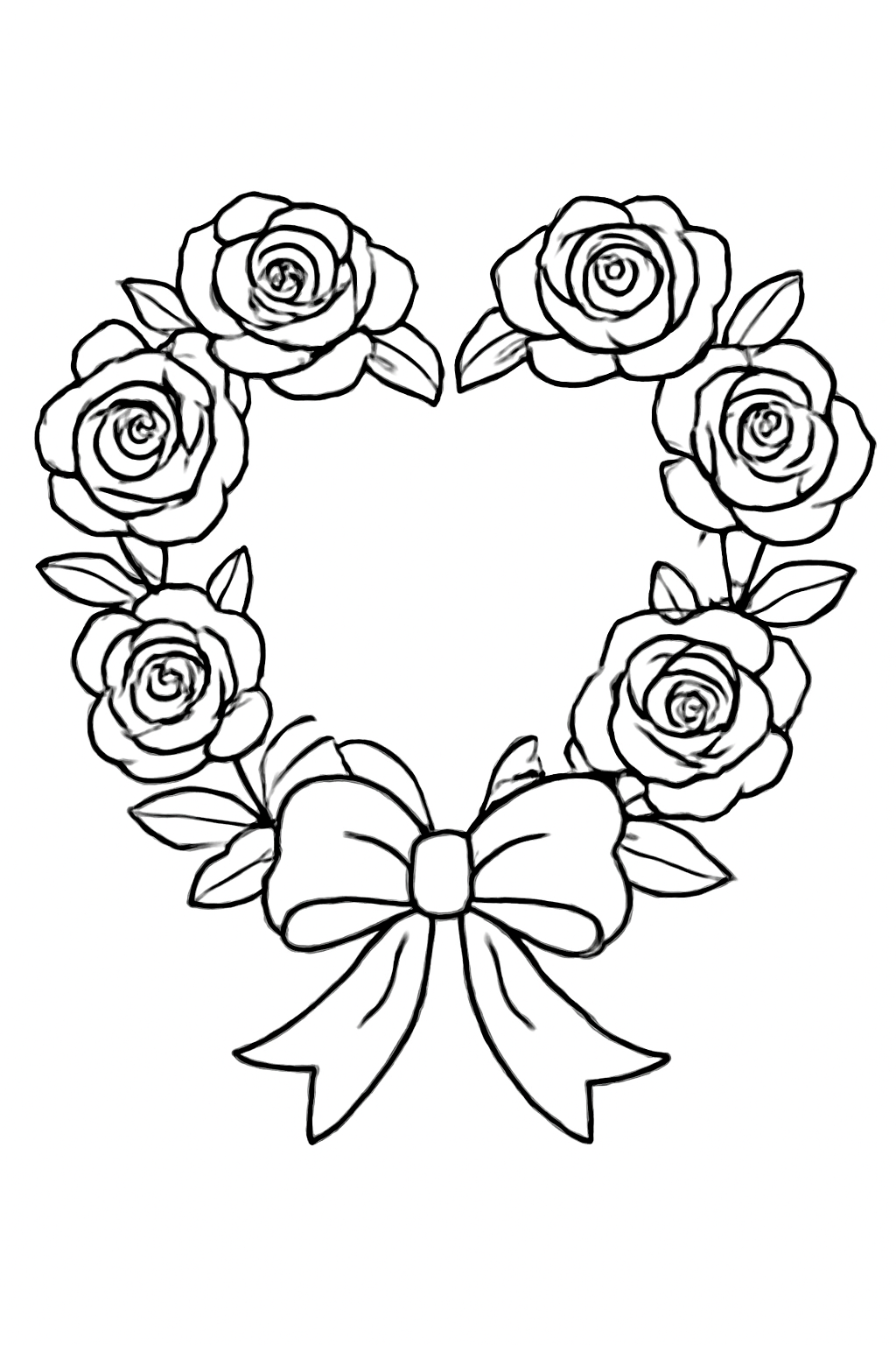 Free printable Valentine heart wreath with roses and ribbon coloring page for kids