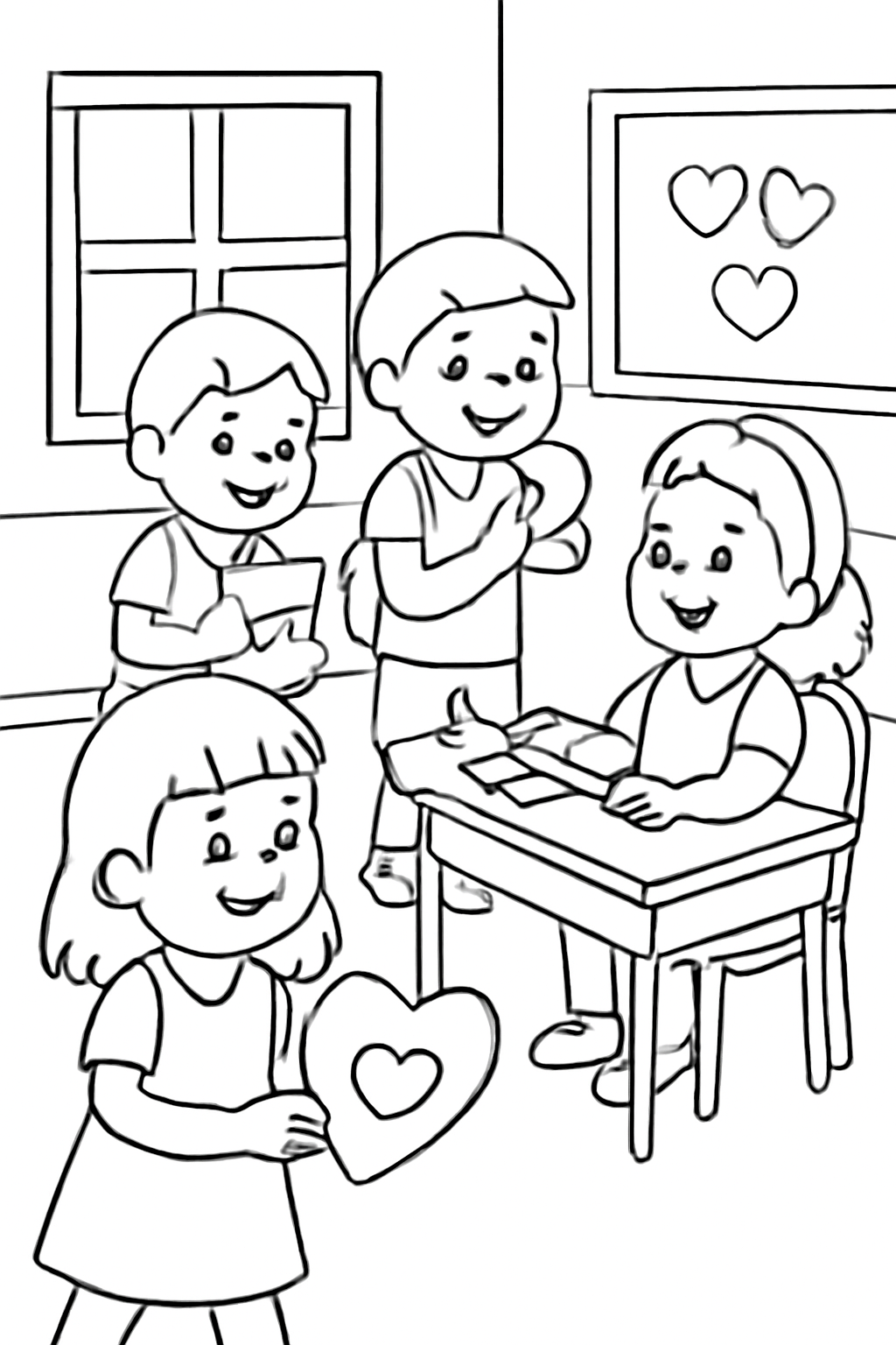 Free printable children delivering Valentine cards to classmates coloring page for kids