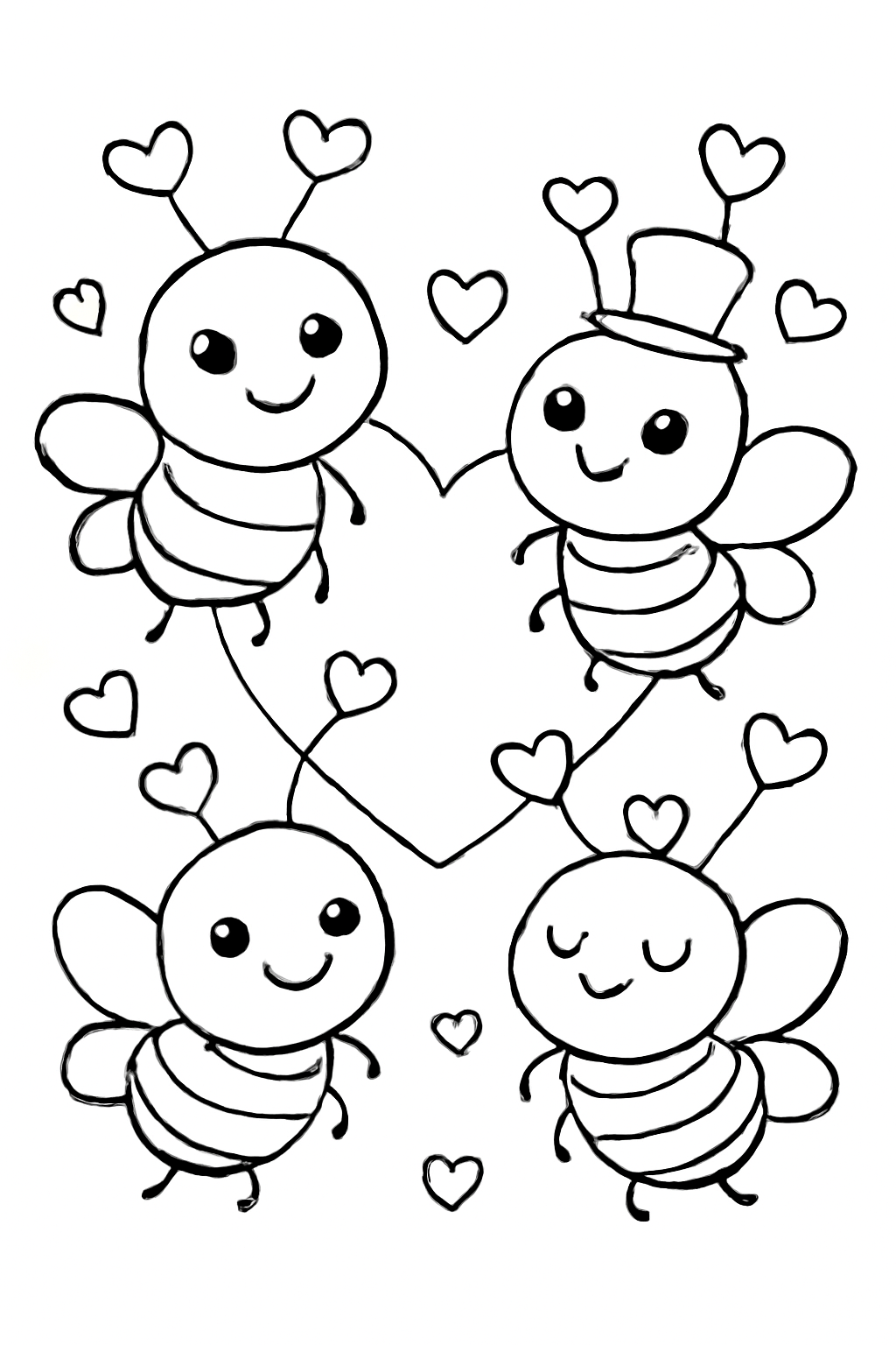 Free printable Valentine love bugs with heart antennae coloring page for kids