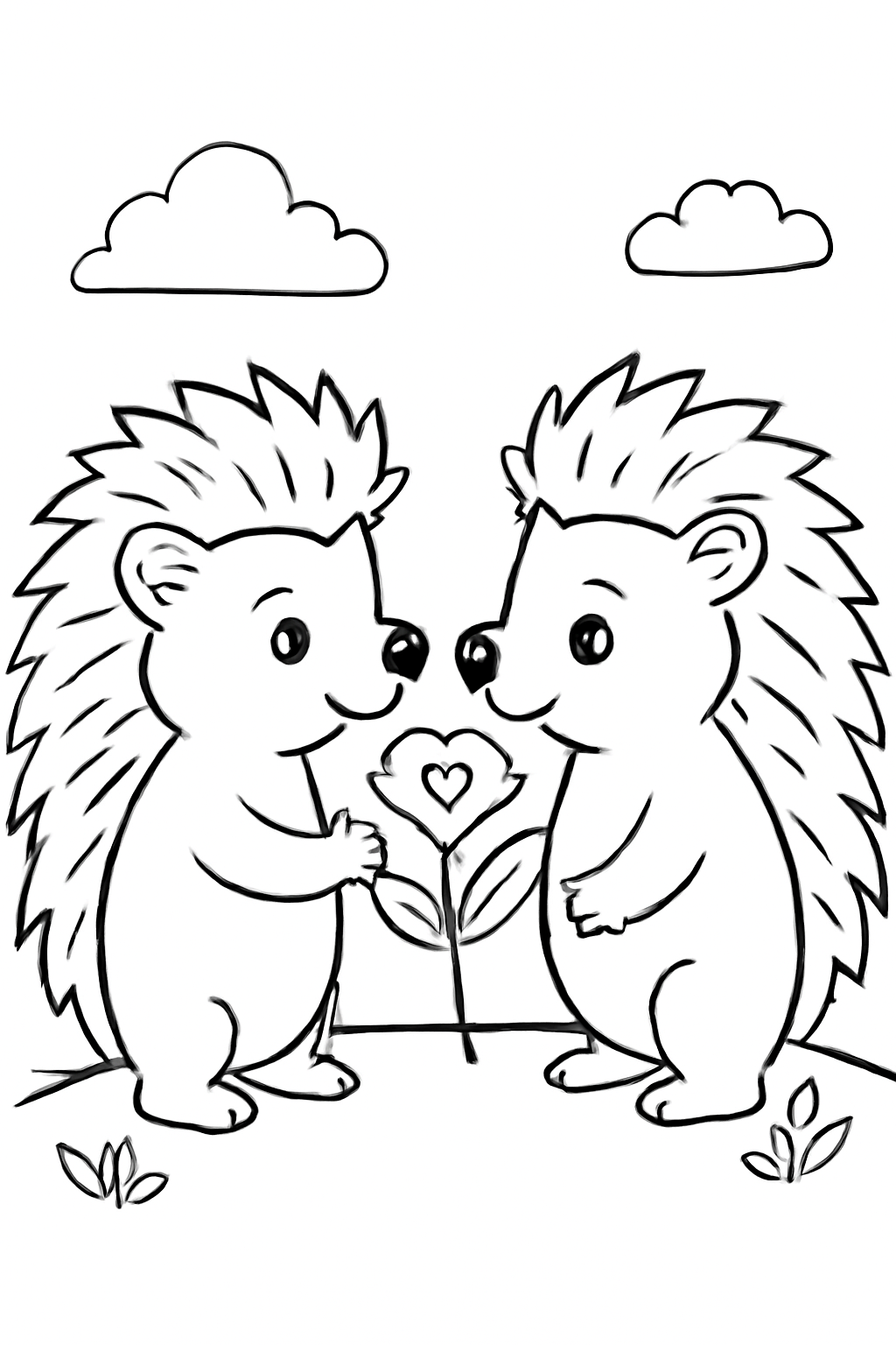 Free printable hedgehogs sharing a Valentine flower coloring page for kids