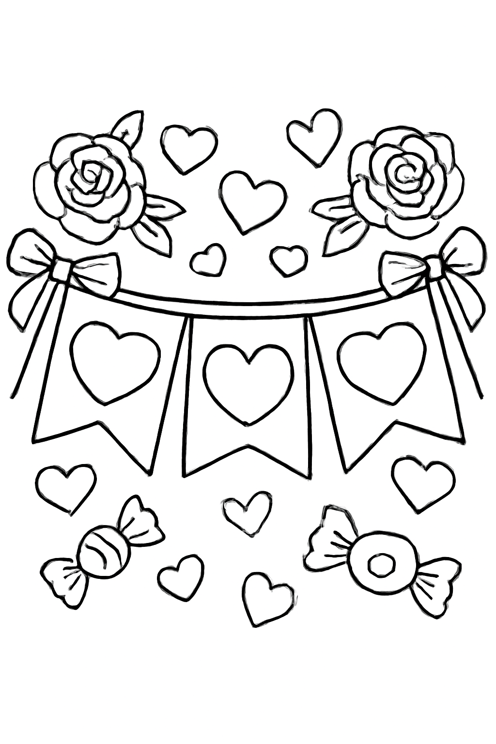 Free printable Valentine table banner with hearts roses candies and bows coloring page