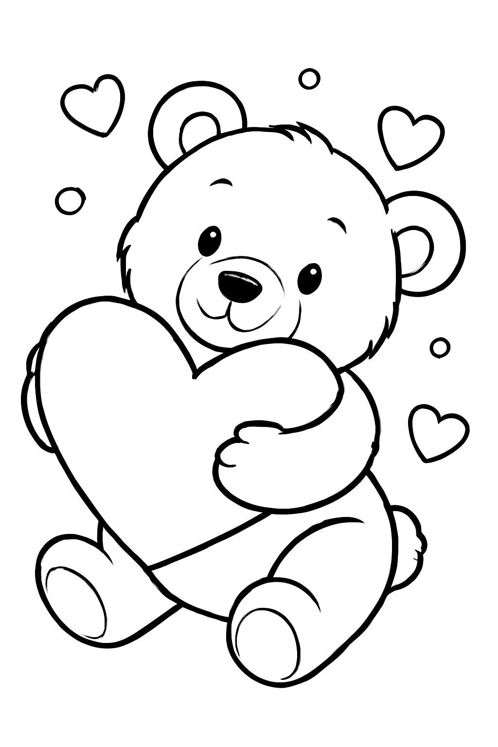 Free printable Valentine teddy bear hugging a big heart coloring page for kids