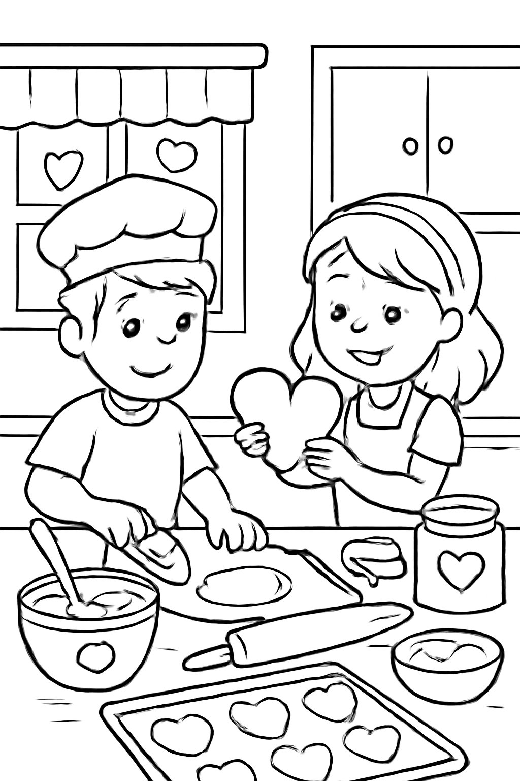 Free printable children baking heart cookies for Valentine's Day coloring page for kids