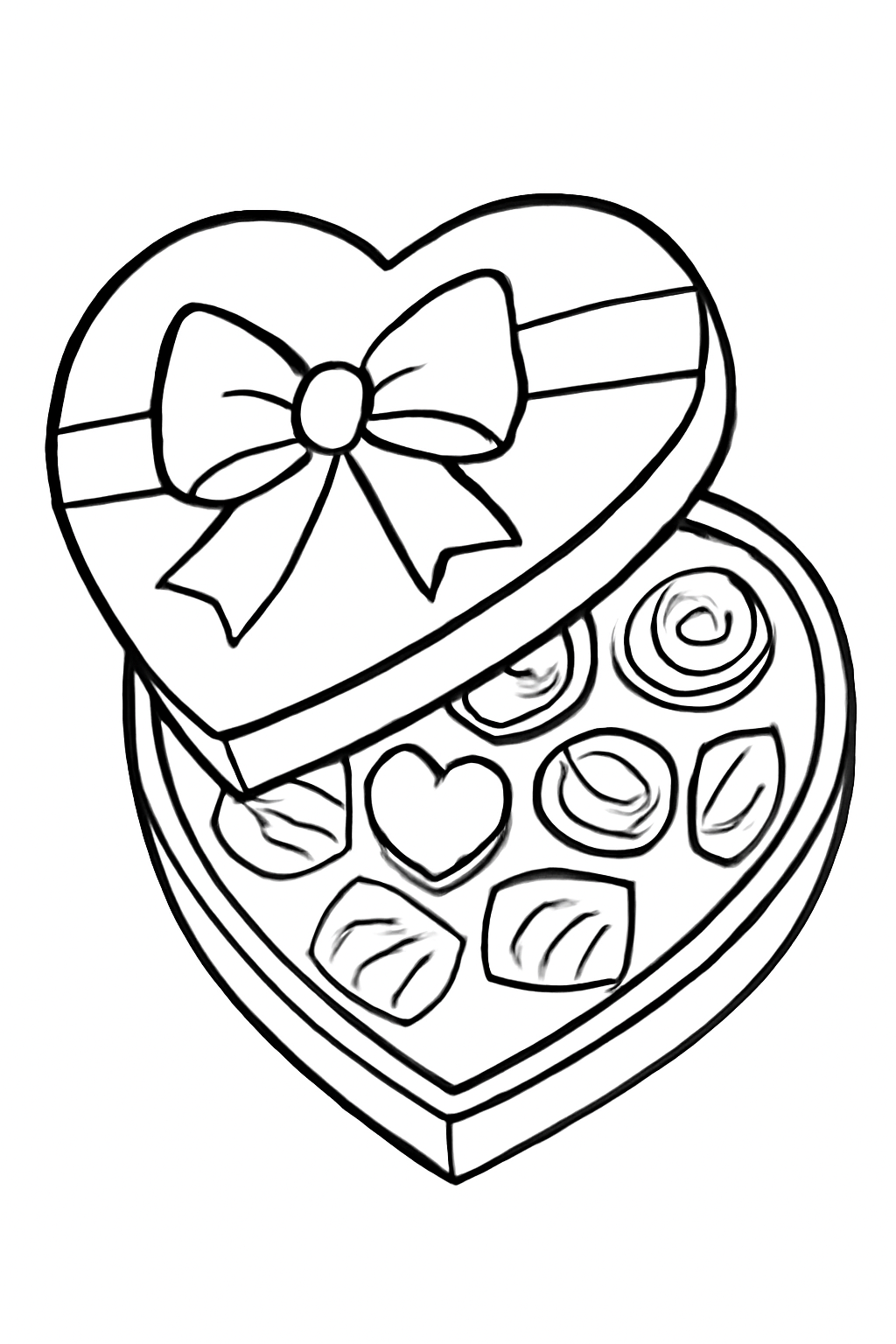 Free printable heart-shaped box of chocolates for Valentine's Day coloring page for kids