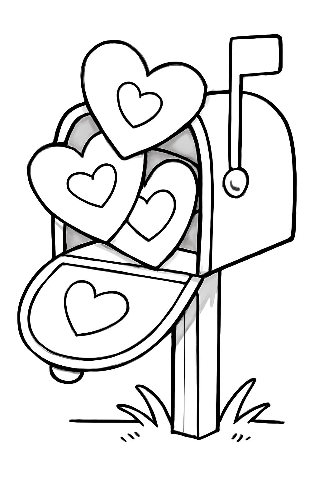 Free printable Valentine mailbox stuffed with heart cards coloring page for kids