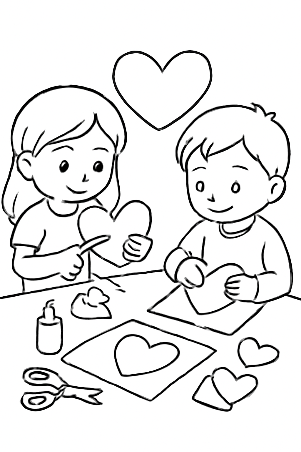 Free printable kids crafting paper hearts for Valentine cards coloring page for kids