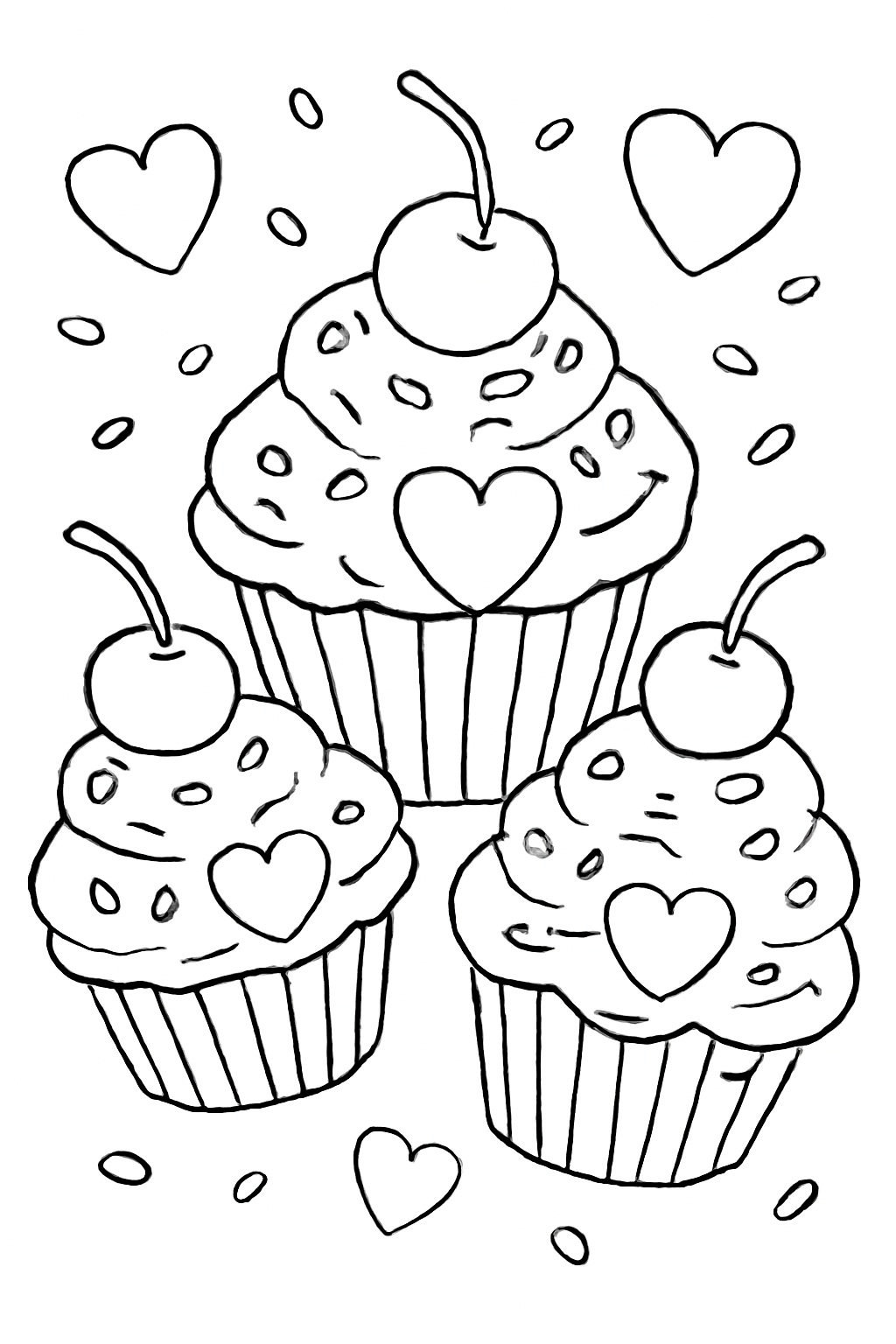 Free printable Valentine cupcakes with sprinkles and cherries coloring page for kids