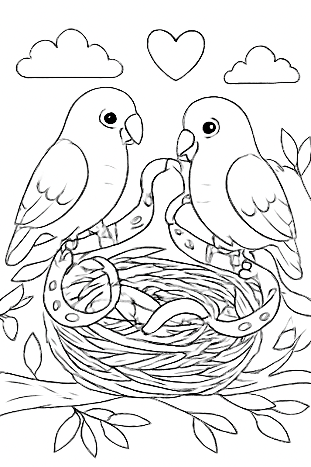 Free printable lovebirds building a nest with Valentine ribbons coloring page for kids