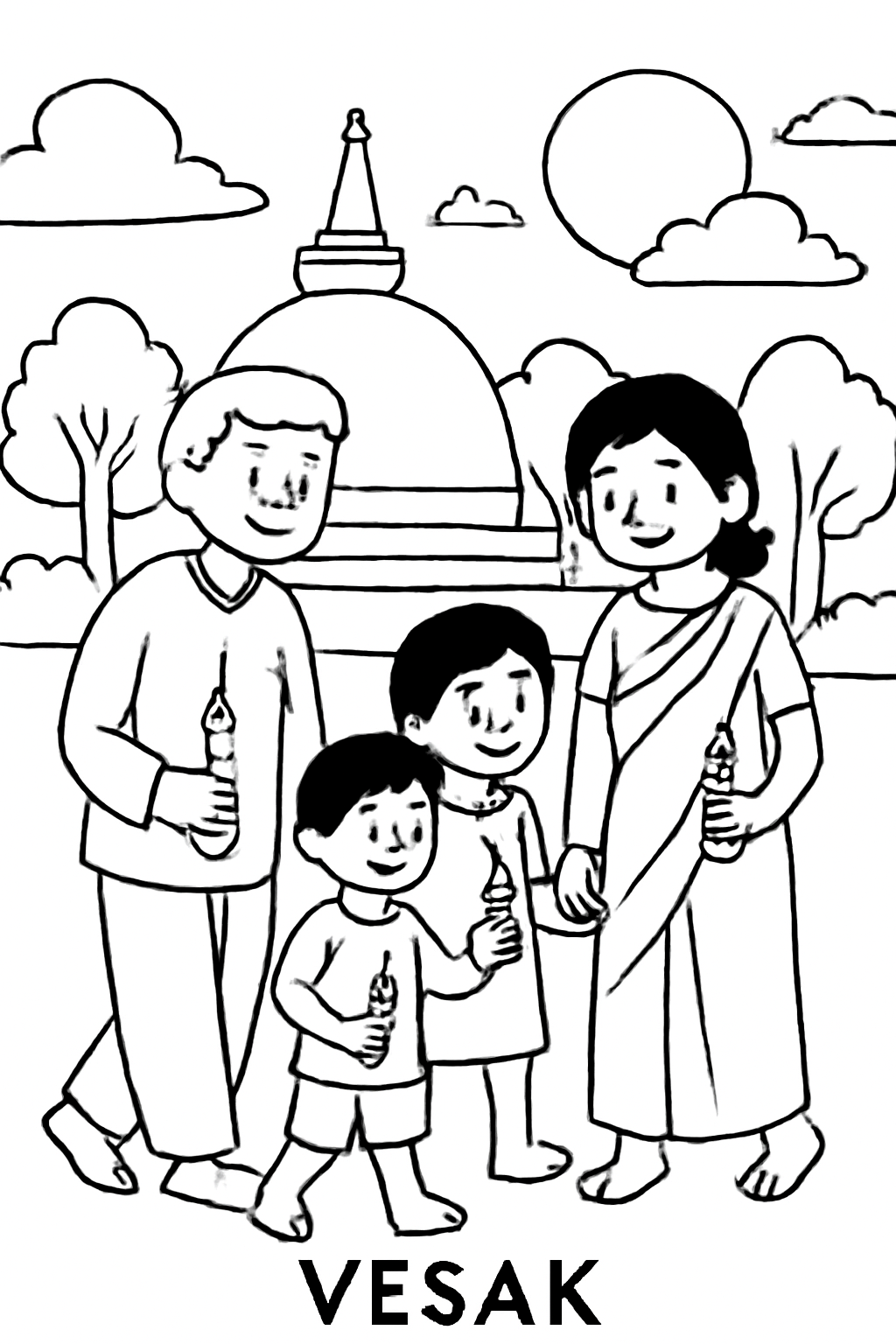 Free printable families walking with candles on Vesak night coloring page for kids