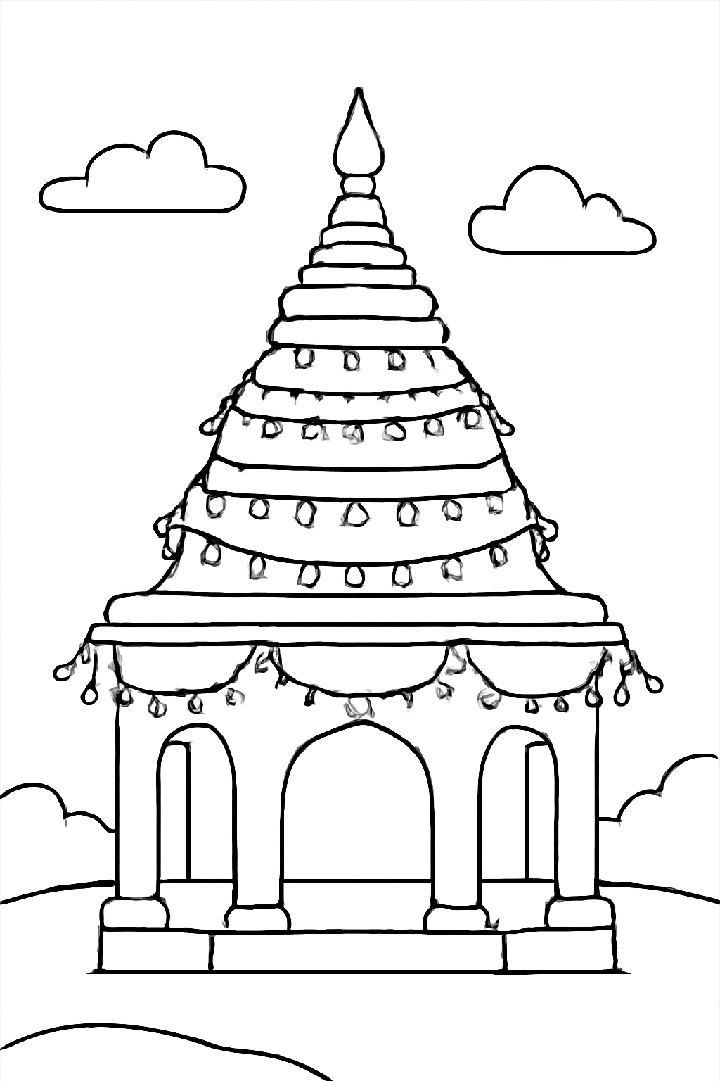 Free printable Vesak pandal tower decorated with lights coloring page for kids