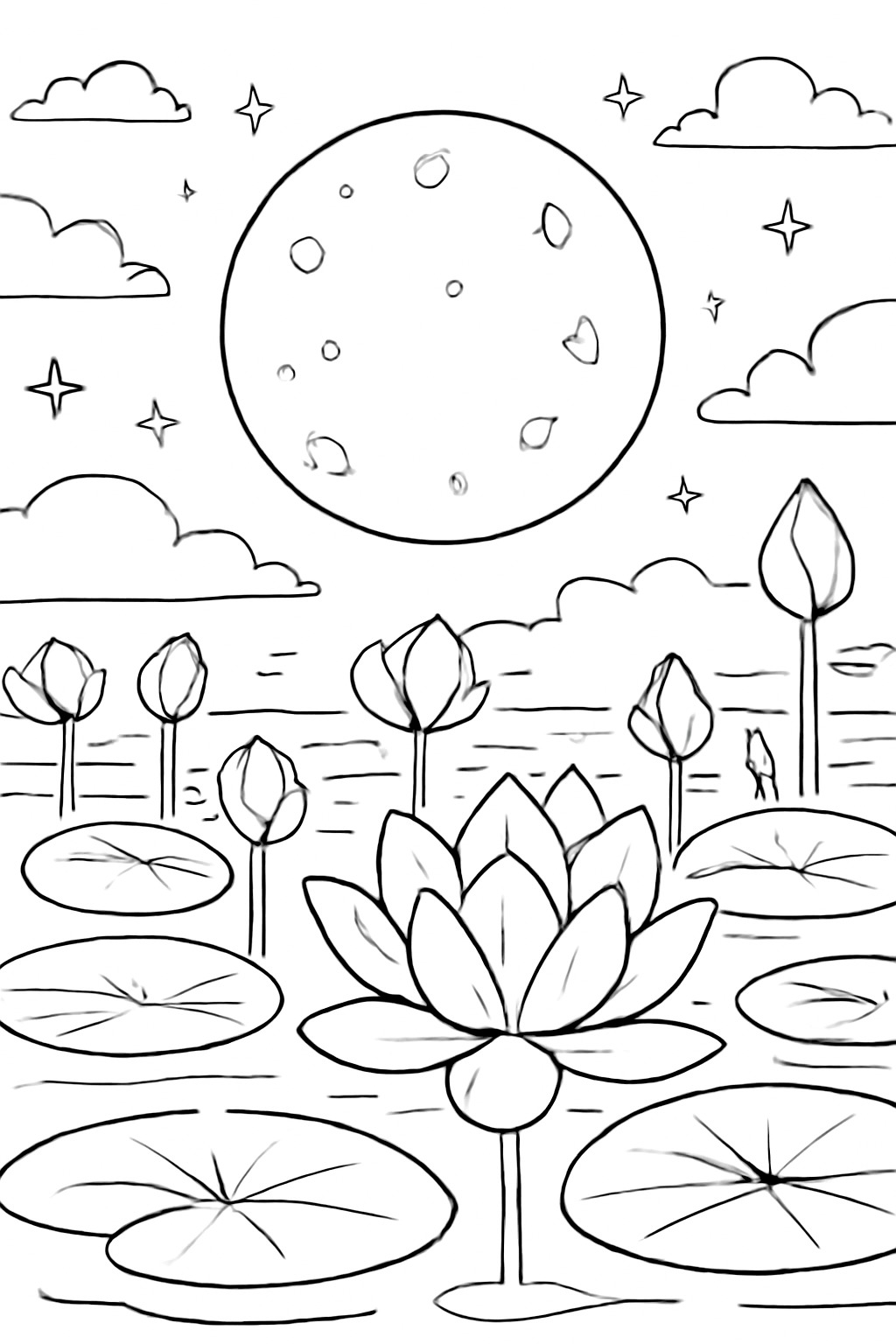 Free printable full moon over a lotus pond for Vesak coloring page for kids