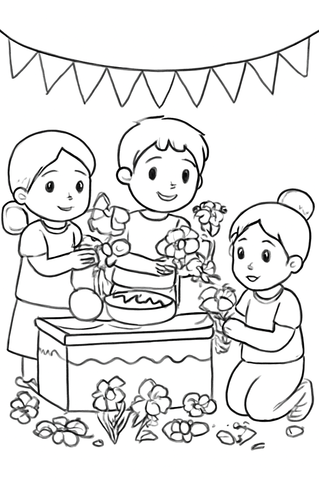 Free printable children arranging flowers on a Vesak offering table coloring page for kids