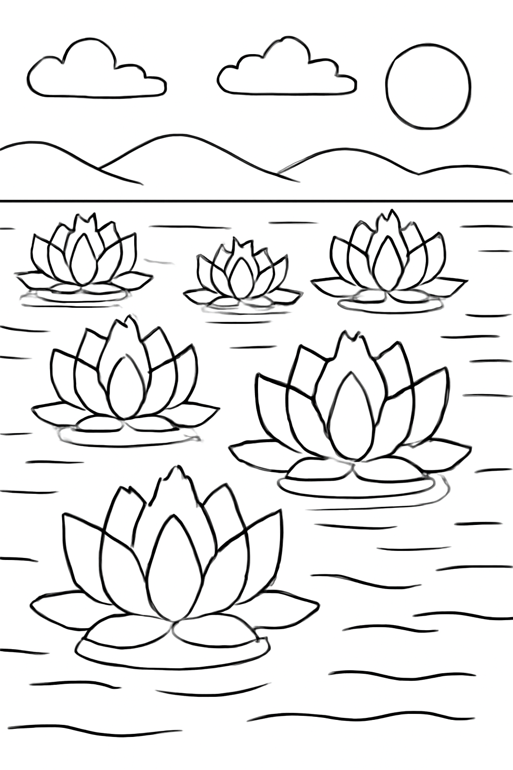 Free printable Vesak lotus lanterns floating on a calm lake coloring page for kids