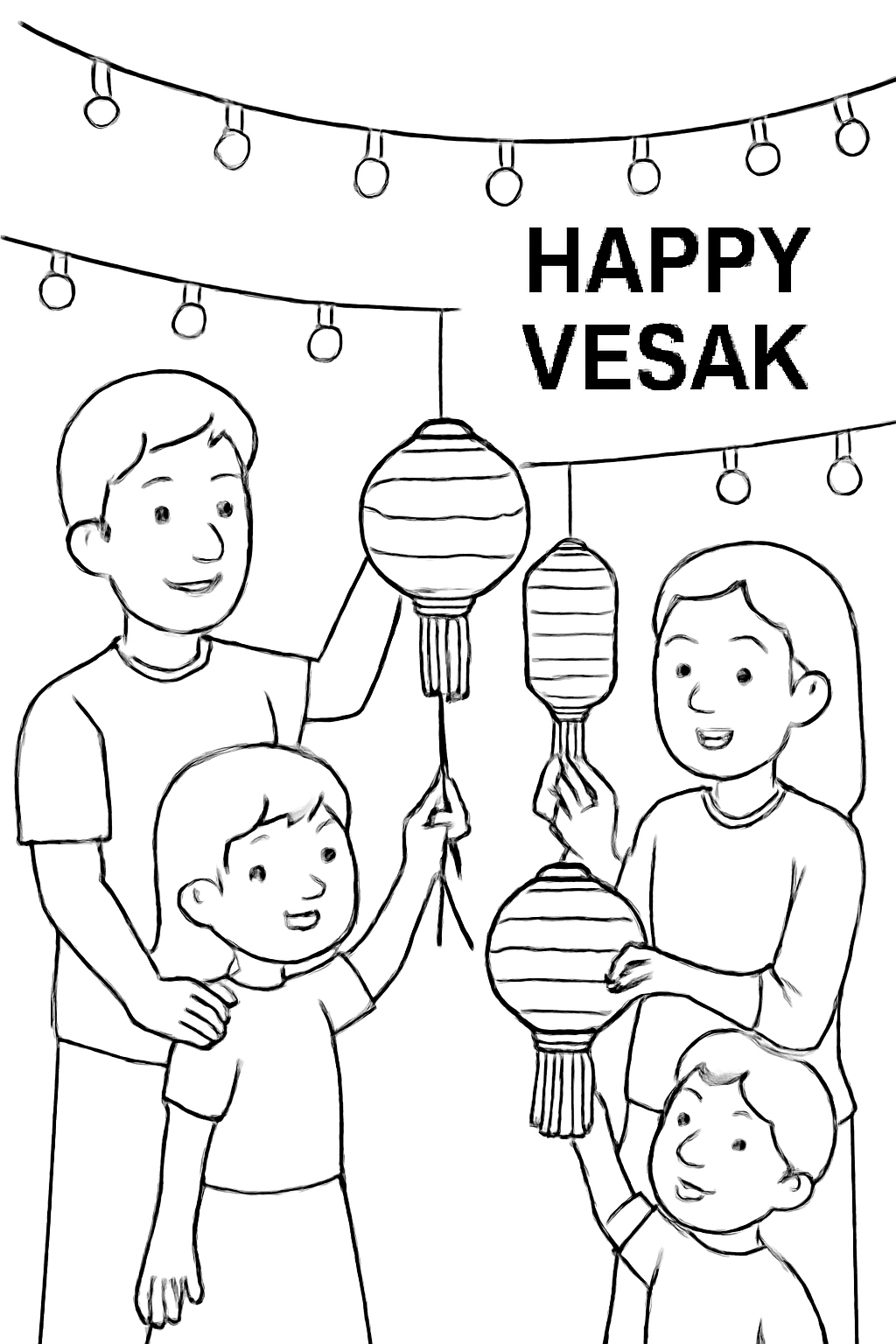 Free printable family hanging paper lanterns for Vesak coloring page