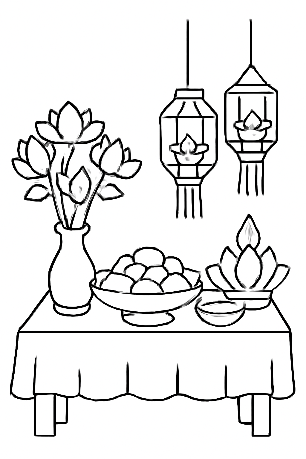 Free printable Vesak offering table with flowers lanterns and bowls arranged respectfully coloring page