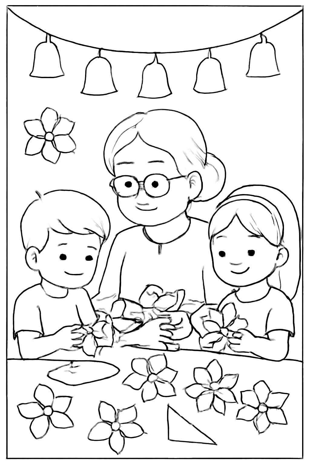 Free printable grandmother folding paper flowers with children for Vesak coloring page for kids