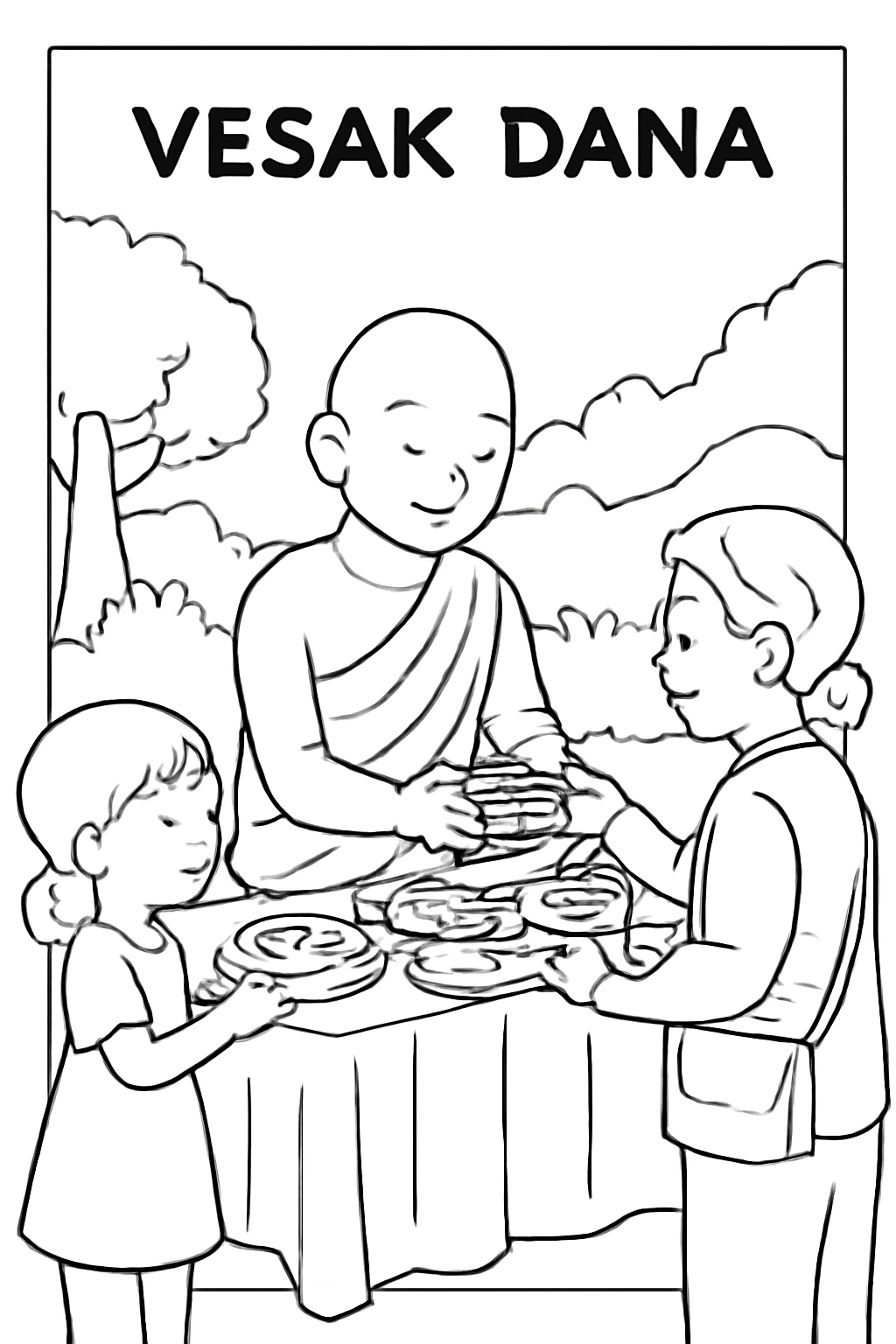 Free printable Vesak dana table sharing food with visitors coloring page for kids