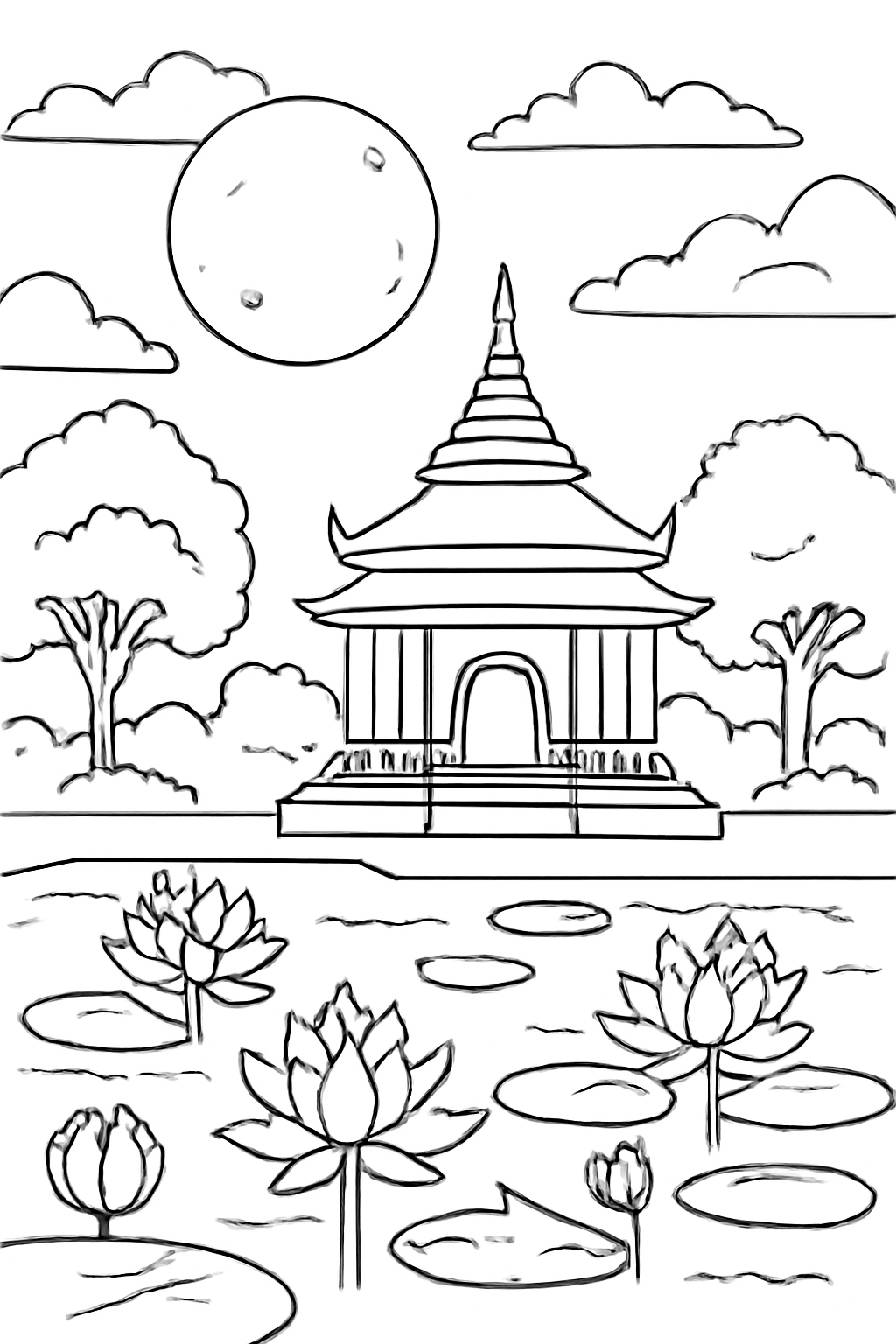 Free printable Vesak moonlight over a peaceful temple pond coloring page for kids
