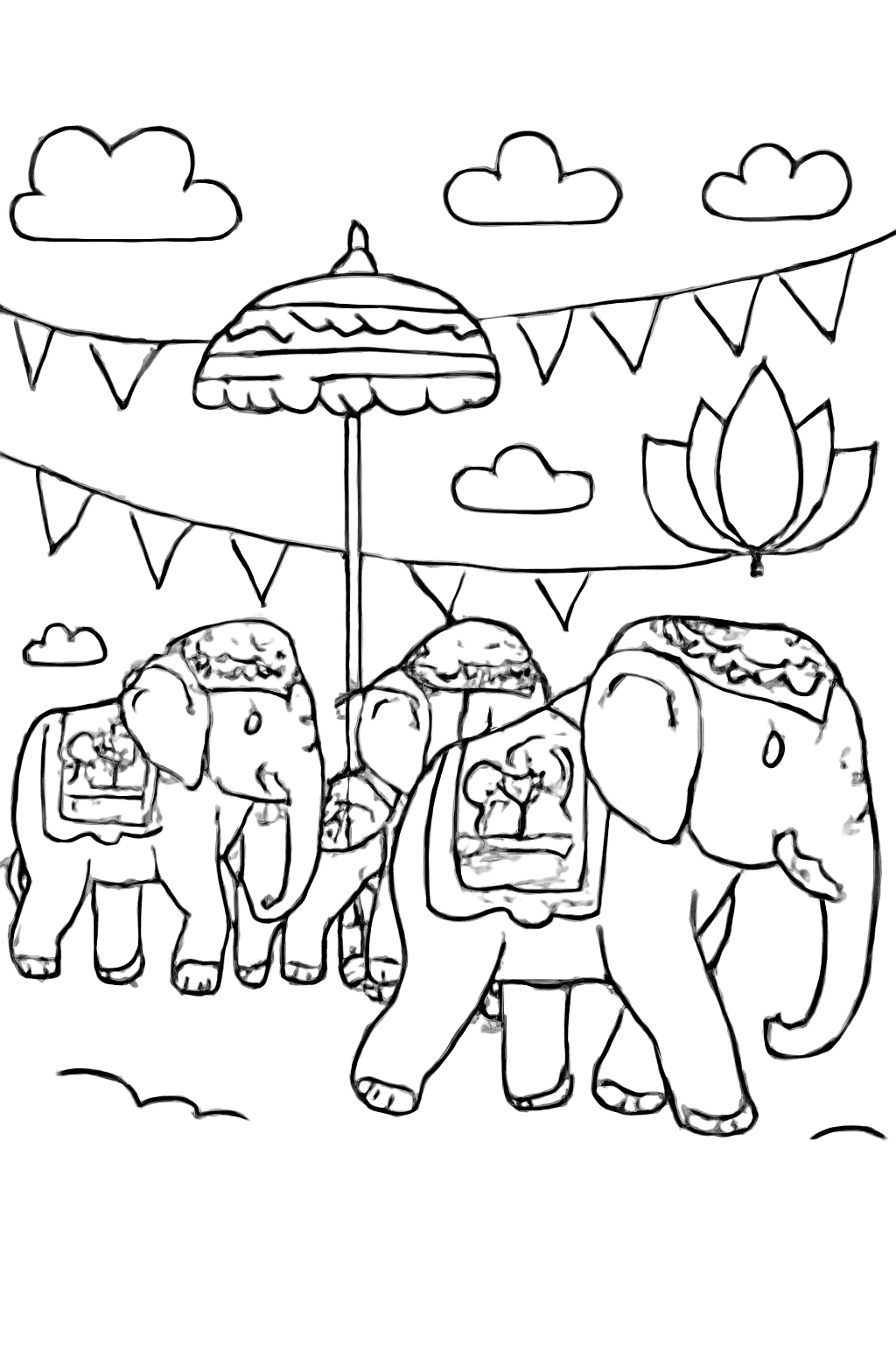 Free printable elephants walking in a Vesak procession with decorations coloring page for kids