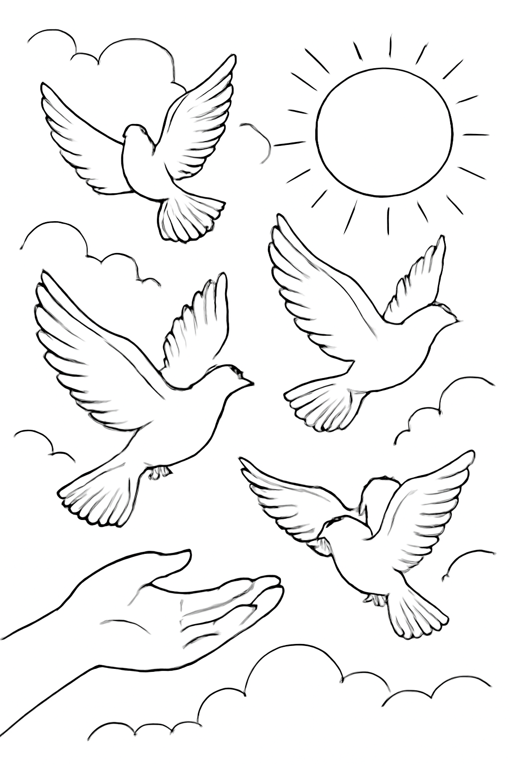 Free printable doves released into a Vesak morning sky coloring page for kids
