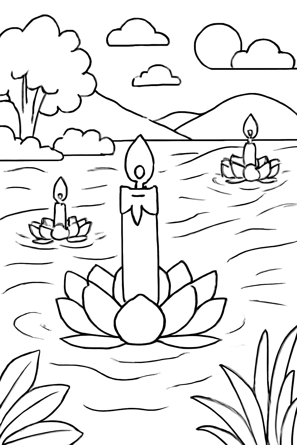 Free printable Vesak candle boats glowing on a river coloring page for kids