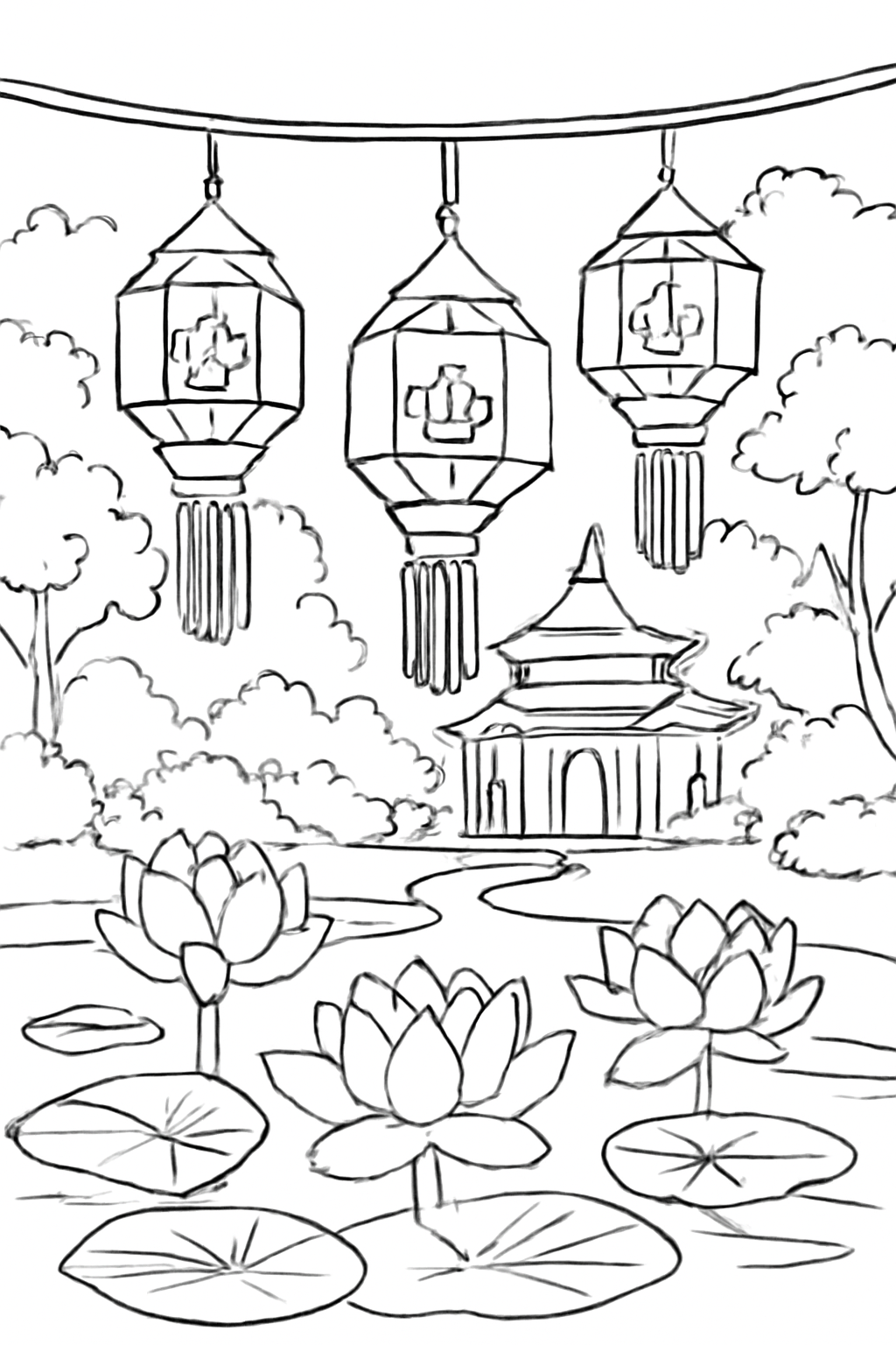 Free printable Vesak lanterns lotus flowers and temple garden without sacred figures coloring page