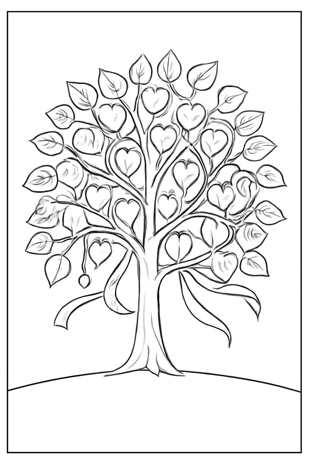 Free printable bodhi tree with heart-shaped leaves and ribbons for Vesak coloring page for kids