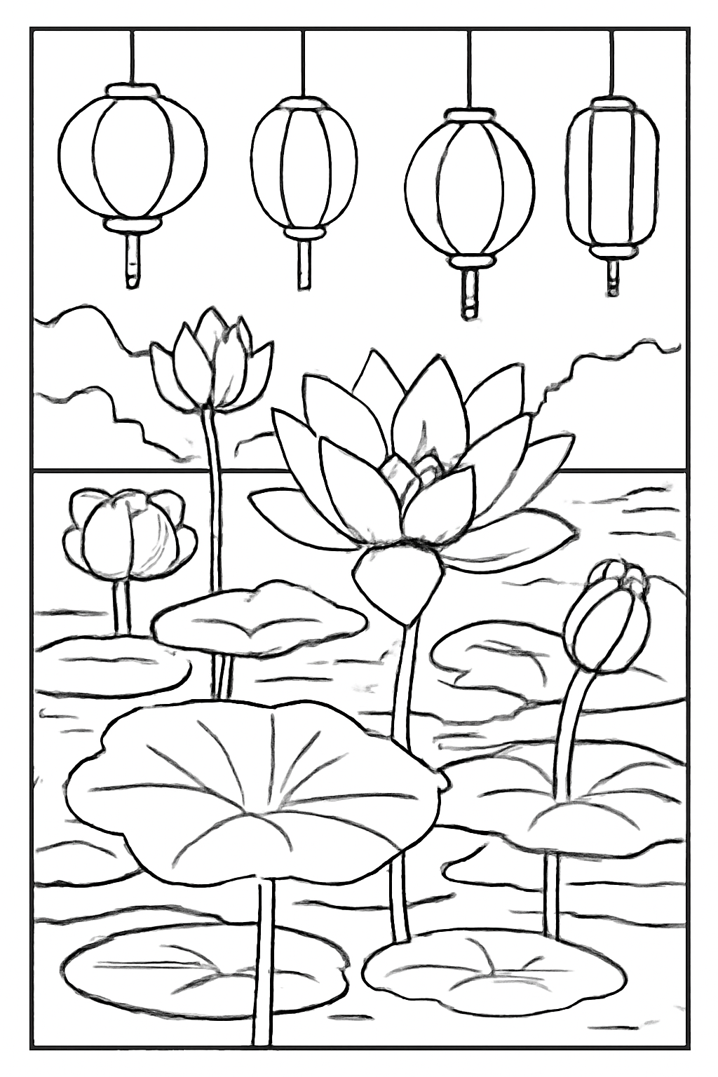 Free printable lotus pond beneath glowing outline lanterns for Vesak coloring page