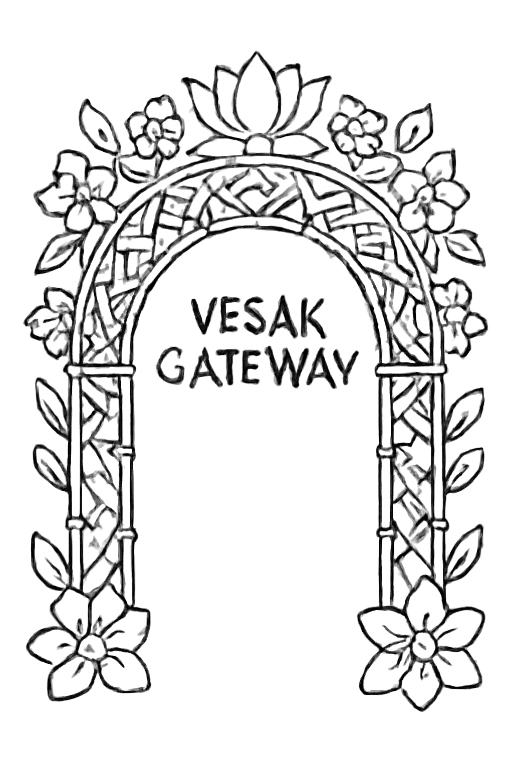 Free printable Vesak gateway arch of woven bamboo and flowers coloring page for kids
