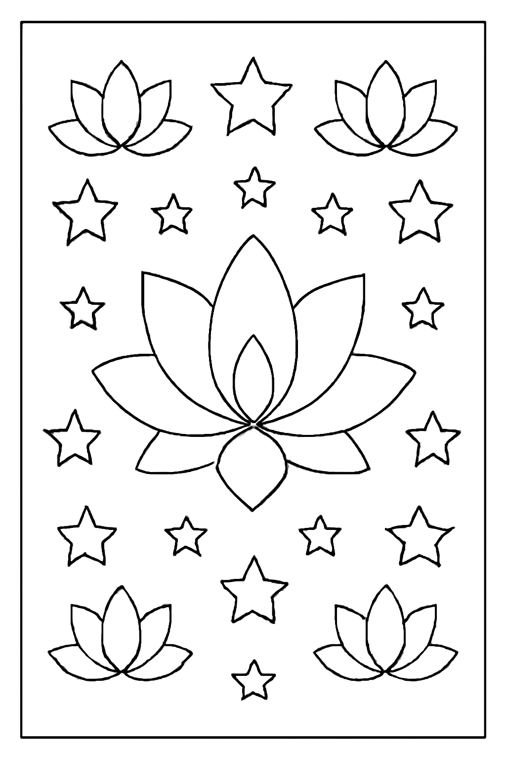 Free printable Vesak pattern of lotus petals and stars coloring page for kids