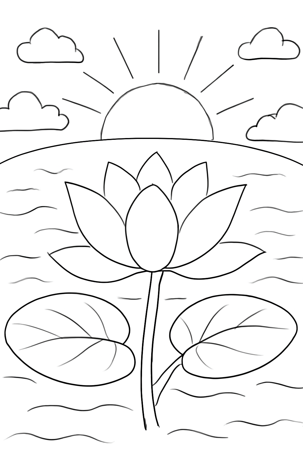 Free printable white lotus opening at sunrise for Vesak coloring page for kids