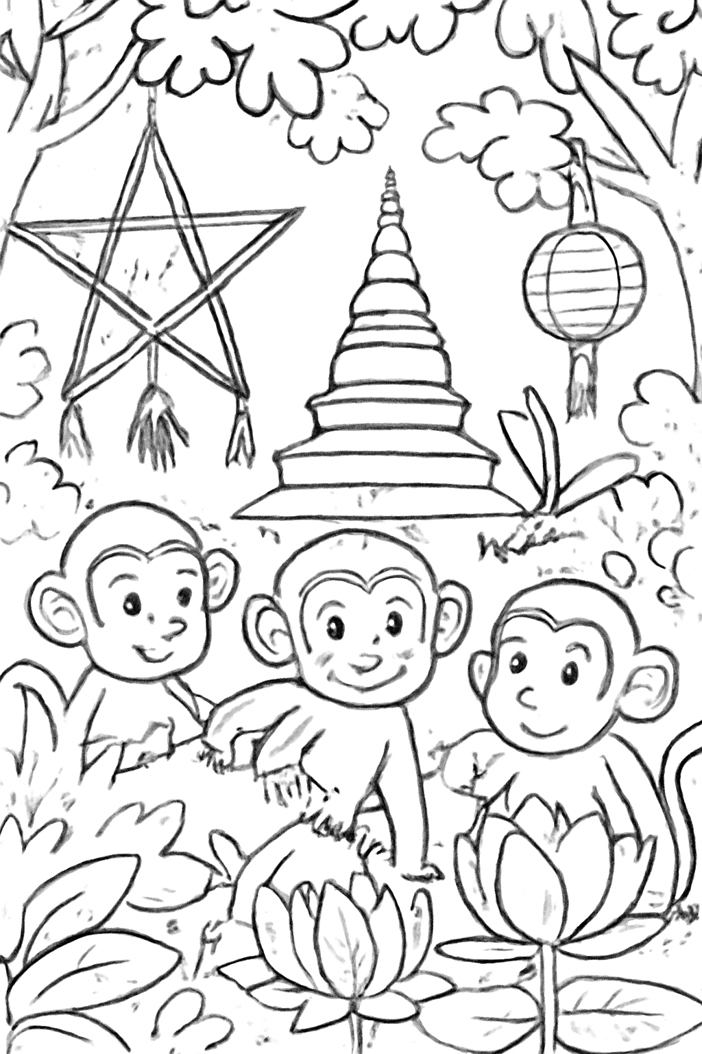 Free printable monkeys peeking at Vesak decorations in a garden coloring page for kids