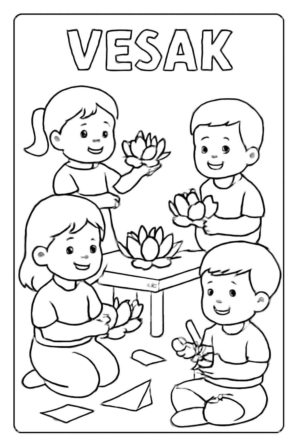 Free printable children making paper lotus flowers for Vesak coloring page for kids