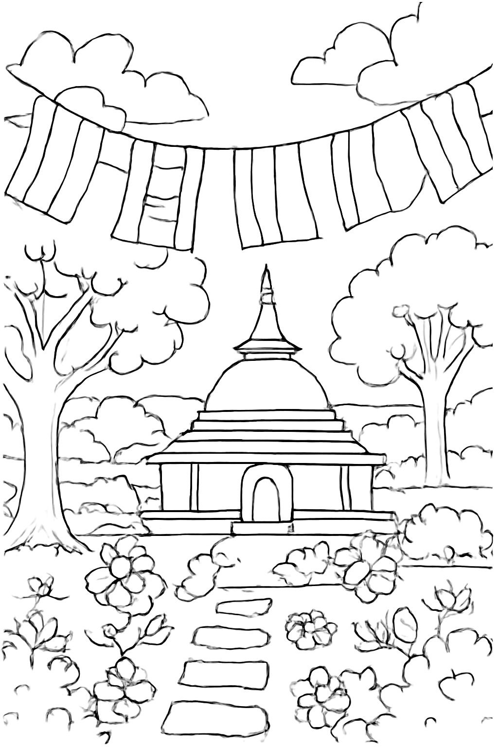 Free printable Vesak flags fluttering over a temple garden coloring page for kids