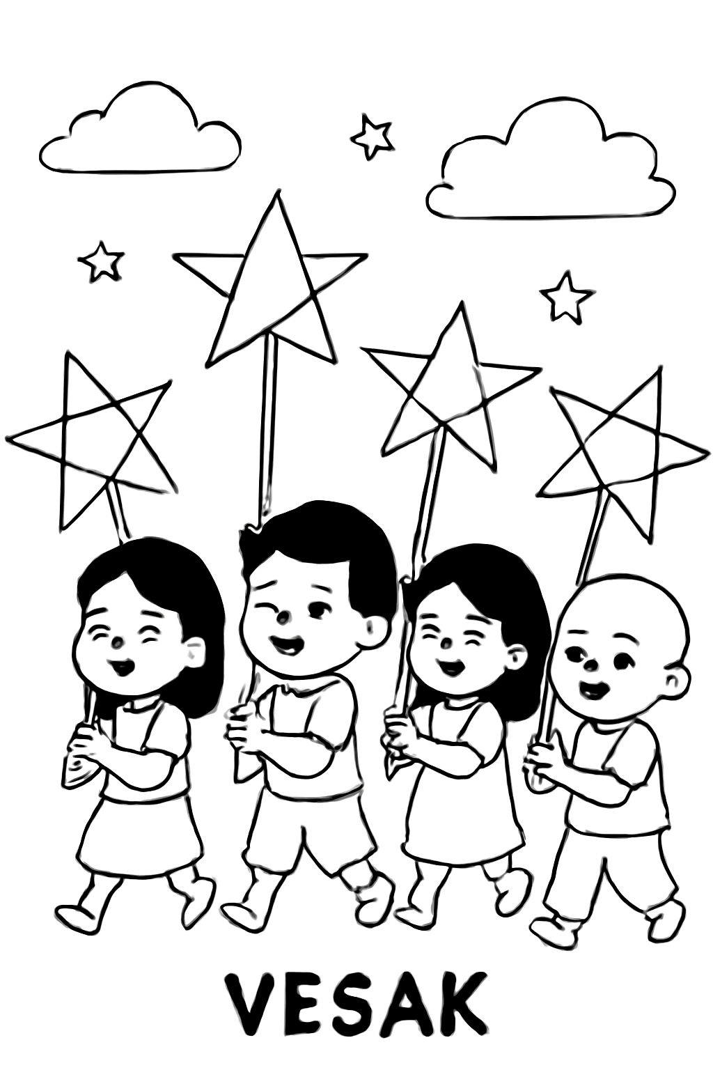 Free printable children carrying paper stars for Vesak evening coloring page for kids