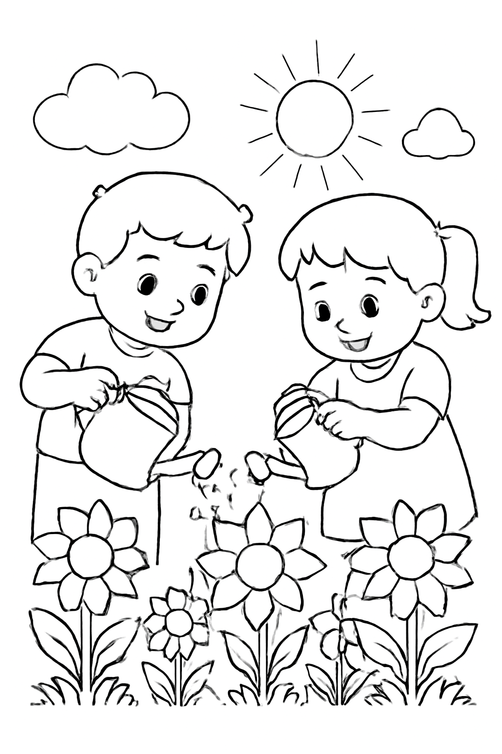 Free printable children pouring water over flowers for Vesak coloring page for kids