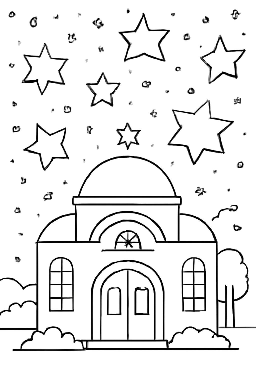 Free printable Yom Kippur stars appearing over a synagogue at night coloring page for kids