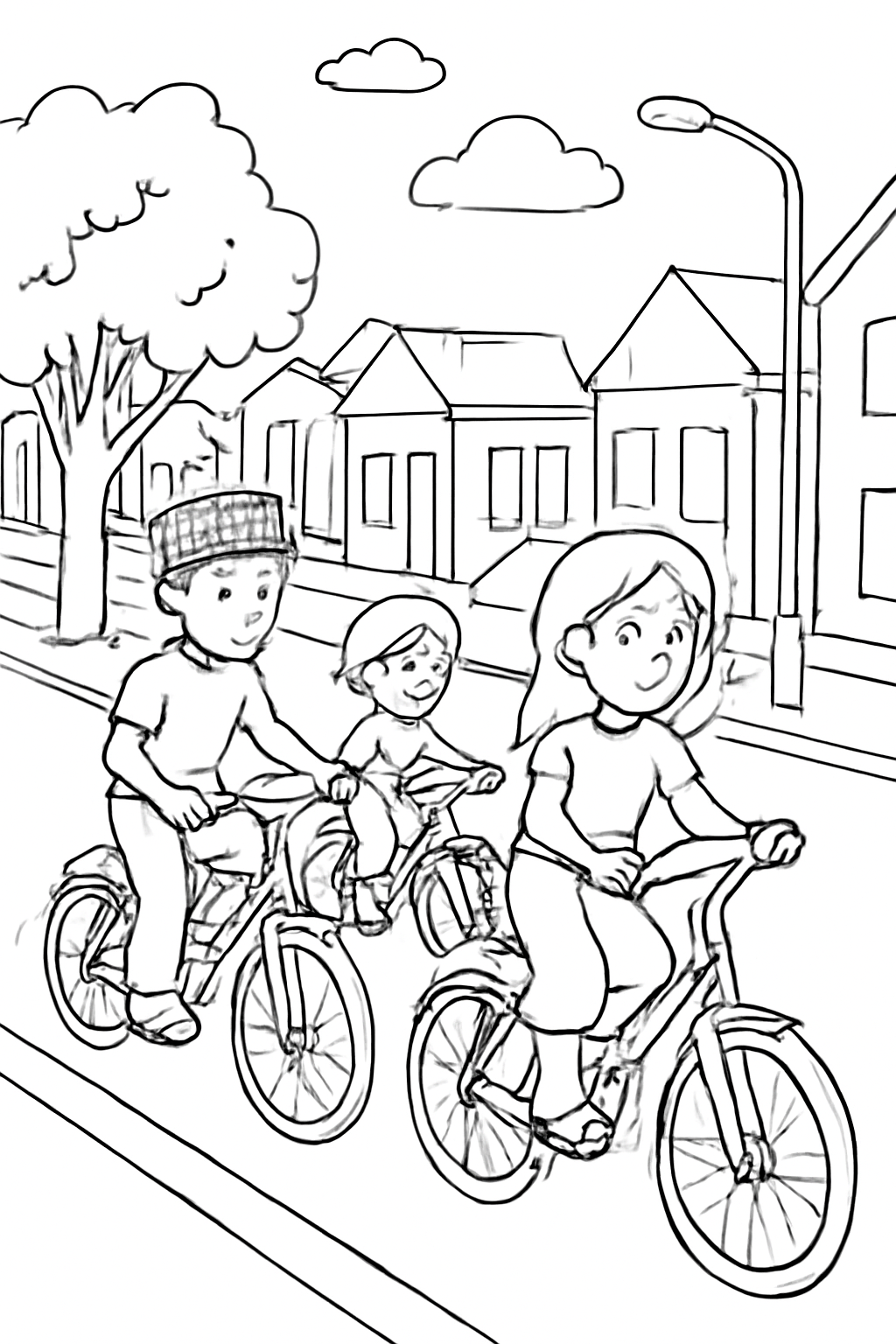 Free printable children riding bicycles on quiet Yom Kippur streets coloring page for kids