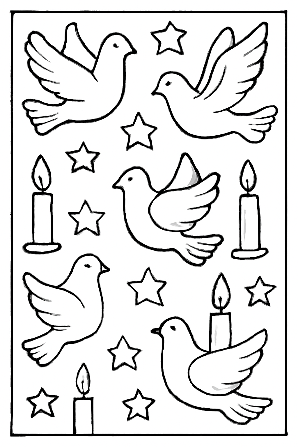 Free printable Yom Kippur pattern of doves stars and candles coloring page for kids