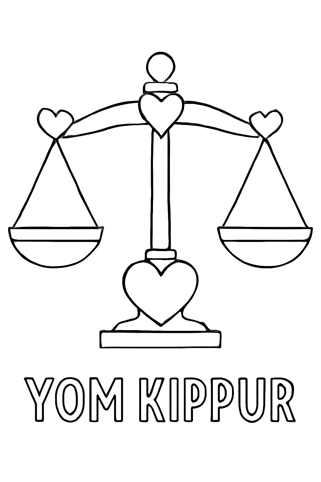 Free printable balanced scales decorated with hearts for Yom Kippur coloring page for kids