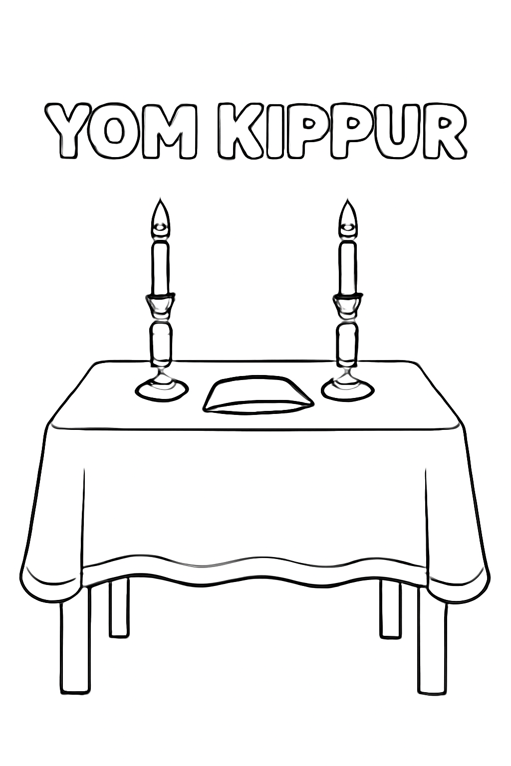 Free printable Yom Kippur white tablecloth with candlesticks before the fast coloring page for kids