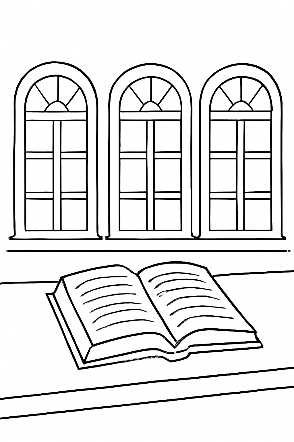 Free printable quiet synagogue windows and open prayer book for Yom Kippur coloring page