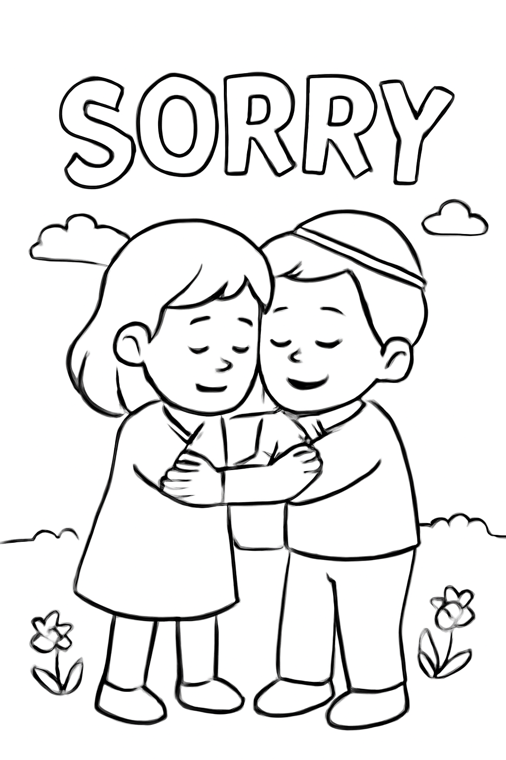 Free printable children saying sorry and hugging before Yom Kippur coloring page for kids