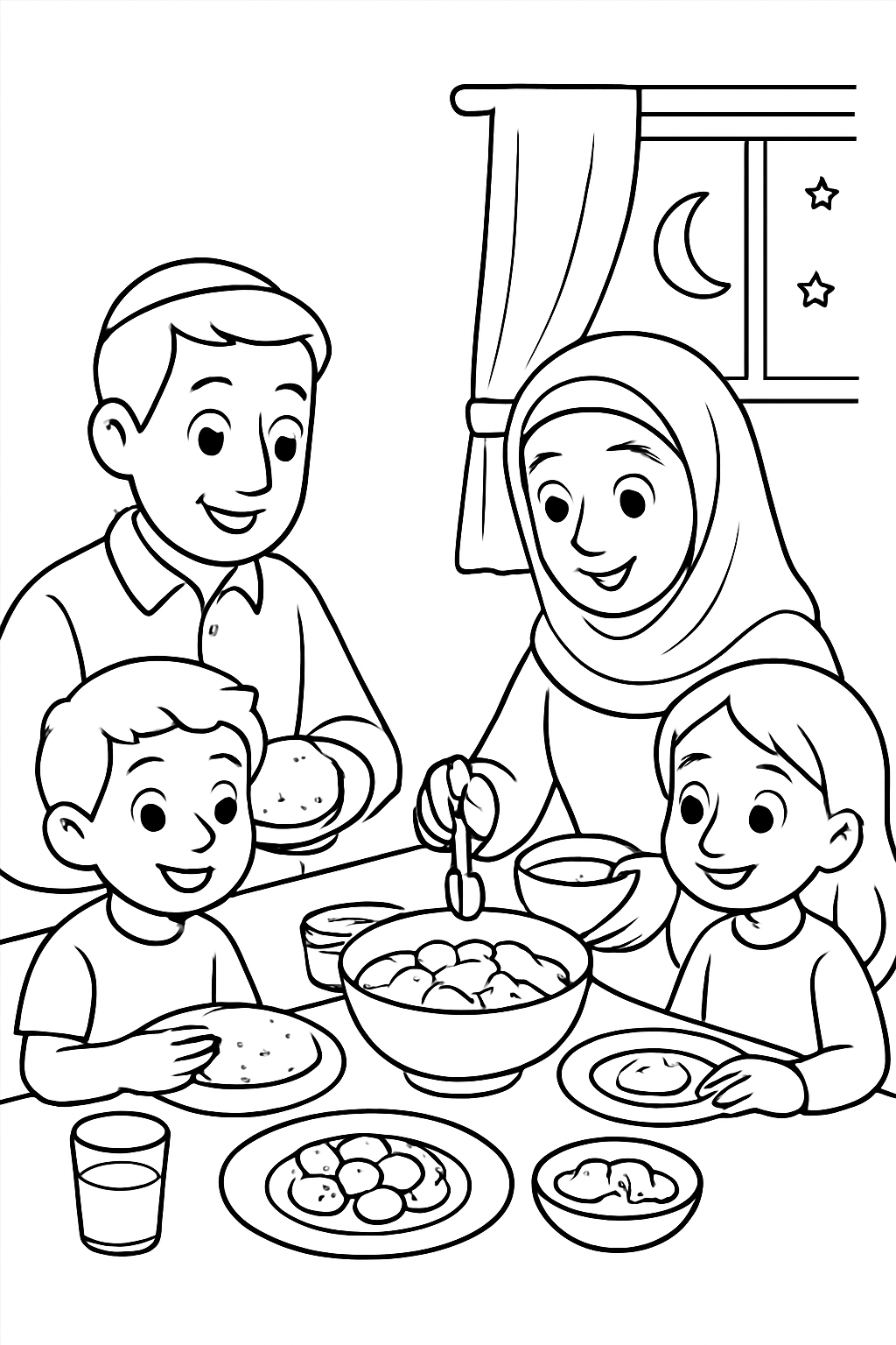 Free printable family break-the-fast meal after Yom Kippur coloring page for kids