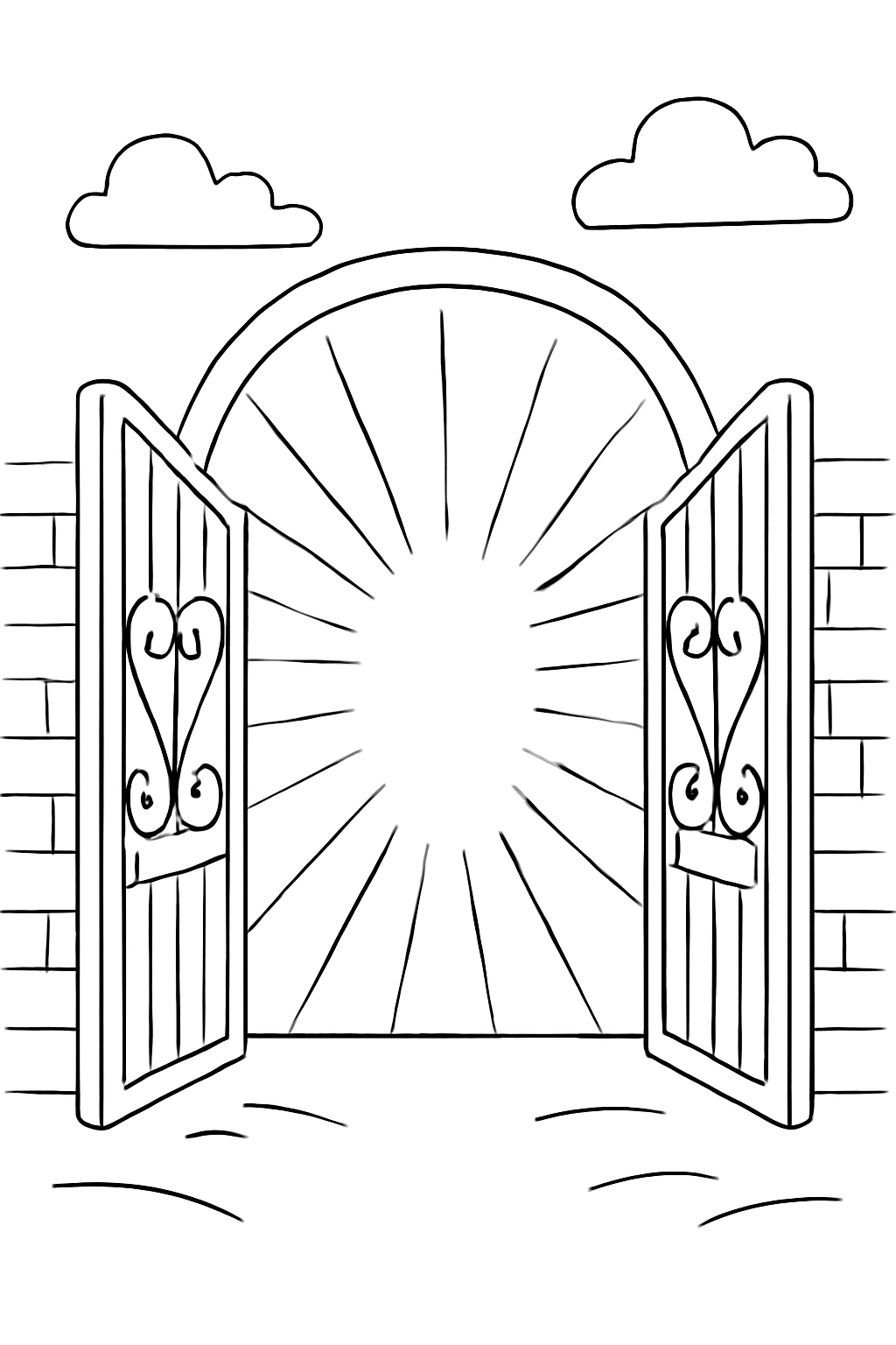 Free printable open gates with soft light streaming through for Yom Kippur coloring page for kids