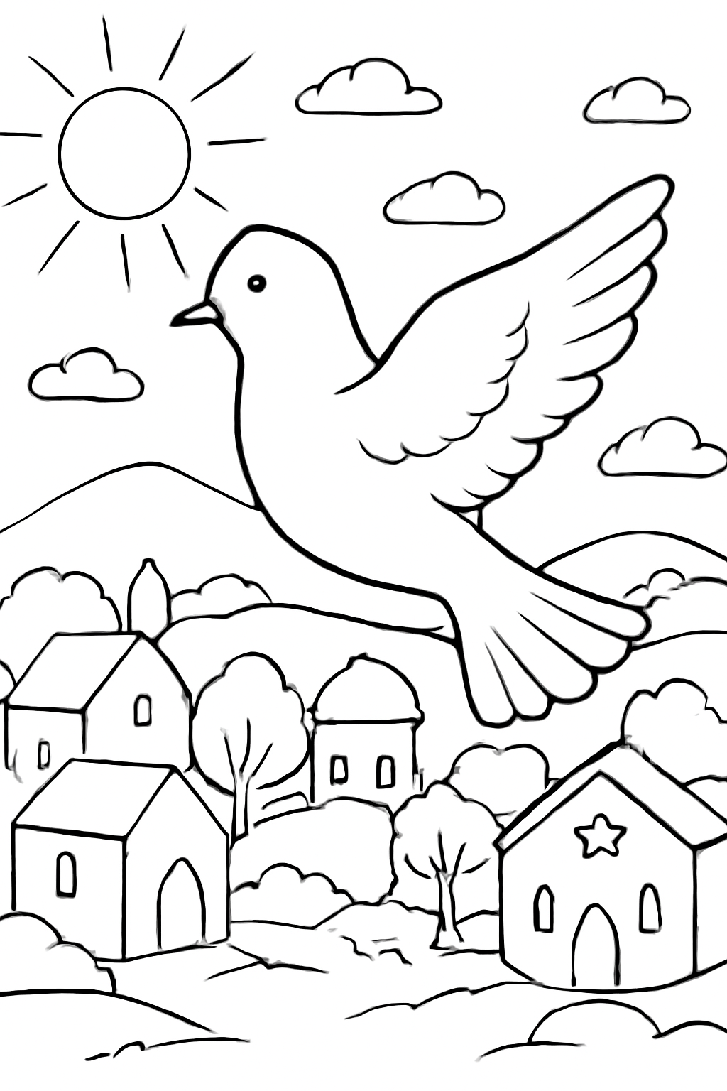 Free printable white dove flying over a peaceful Yom Kippur town coloring page for kids