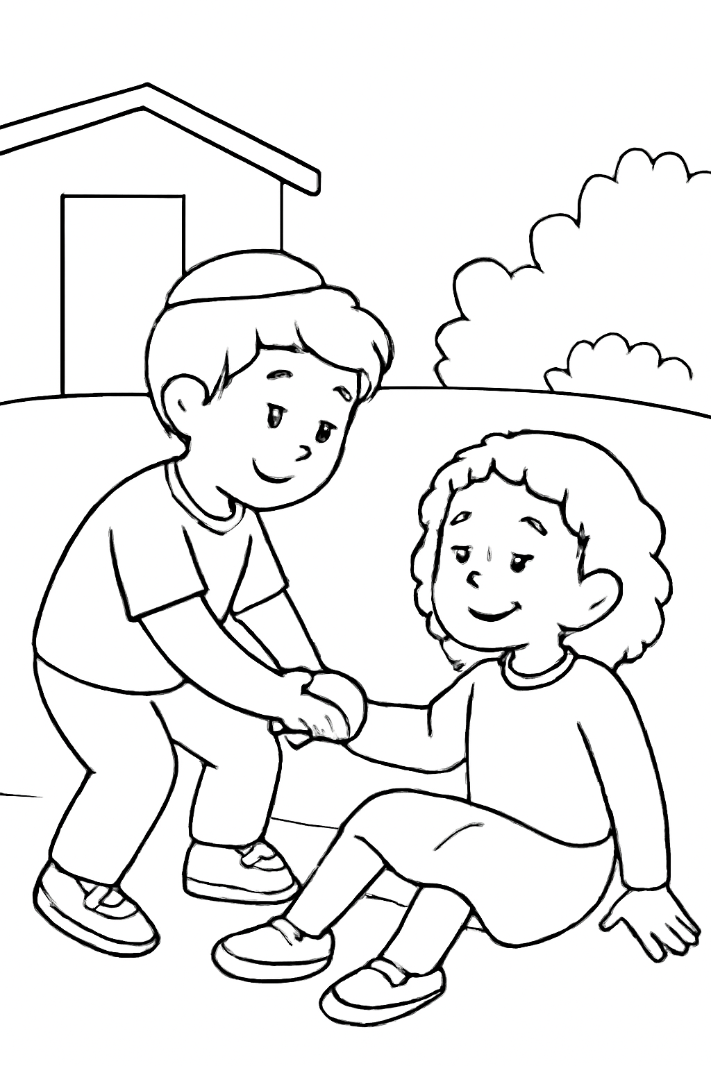 Free printable child helping a friend up as a Yom Kippur good deed coloring page for kids