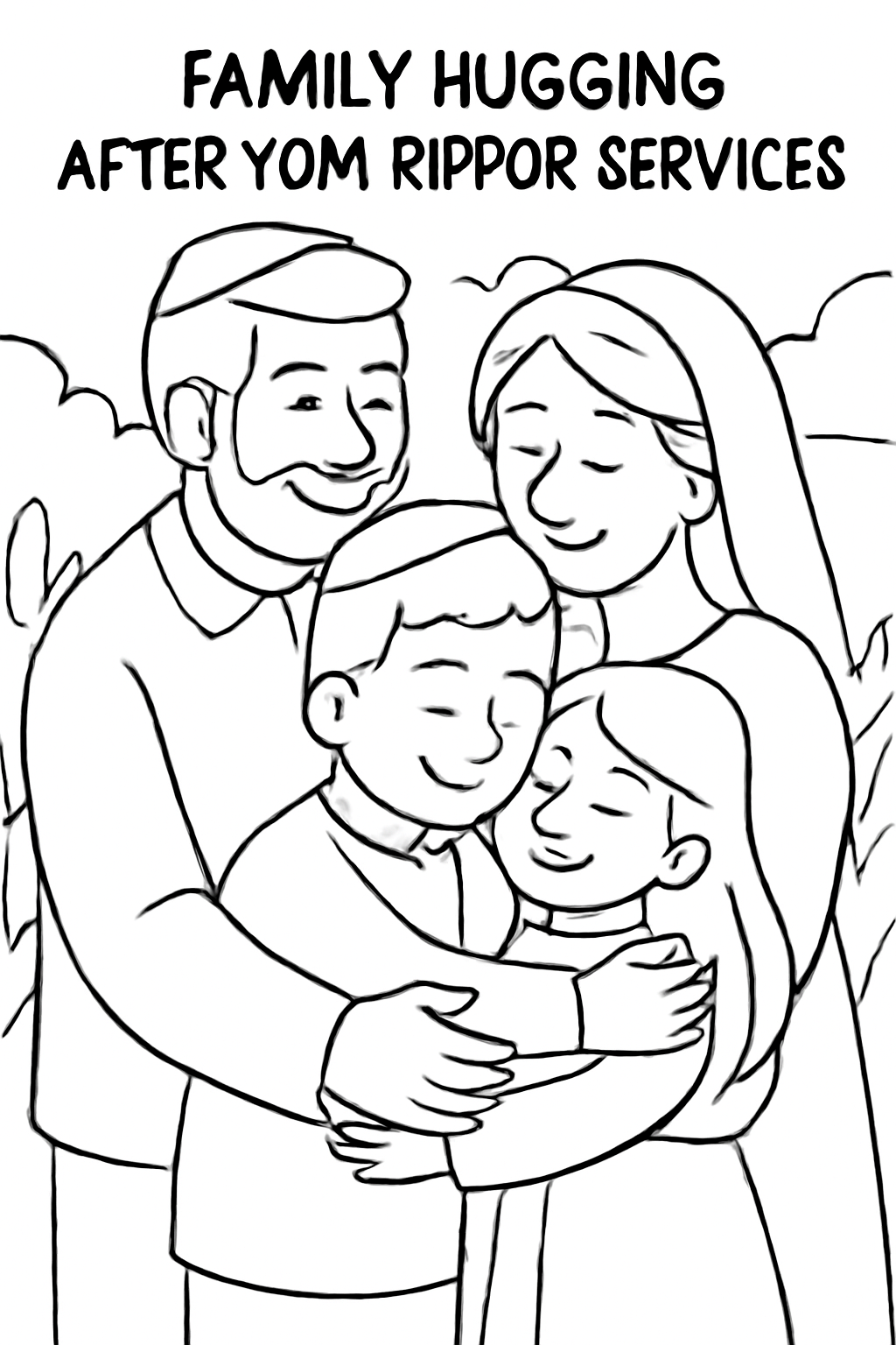 Free printable family hugging after Yom Kippur services coloring page for kids