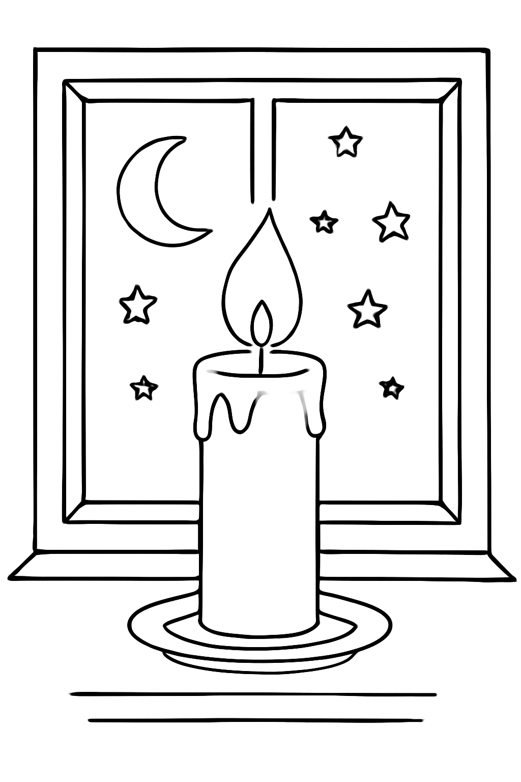 Free printable Yom Kippur candle glowing in a dark window coloring page for kids